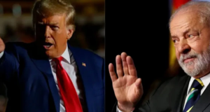 Montagem de fotos de Donald Trump gritando e Lula sereno