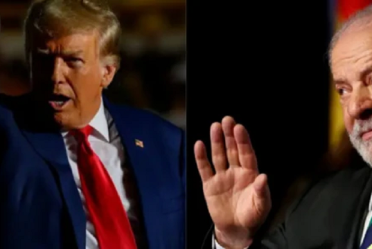 Montagem de fotos de Donald Trump gritando e Lula sereno