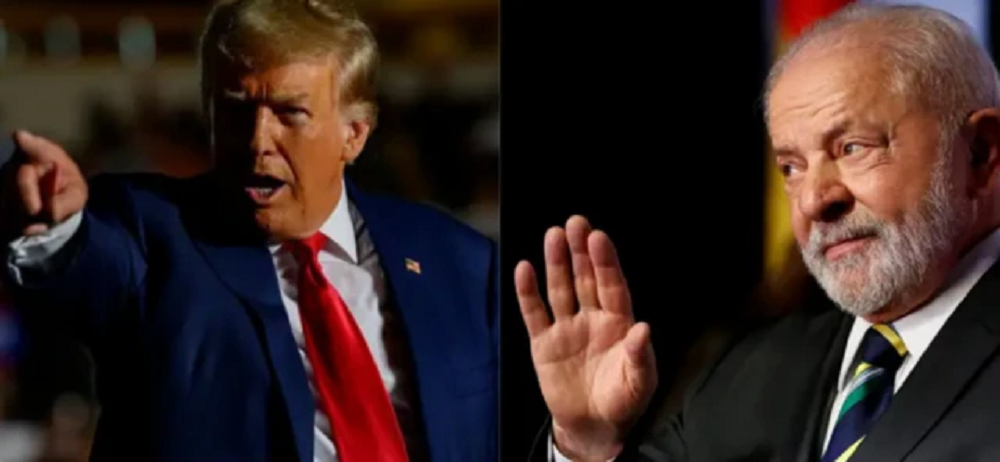 Montagem de fotos de Donald Trump gritando e Lula sereno