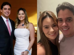 Montagem de duas fotos de Júnior Mano e esposa, atual prefeita de Nova Russas, Giordanna Mano, eles sorrindo para a câmera