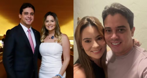 Montagem de duas fotos de Júnior Mano e esposa, atual prefeita de Nova Russas, Giordanna Mano, eles sorrindo para a câmera
