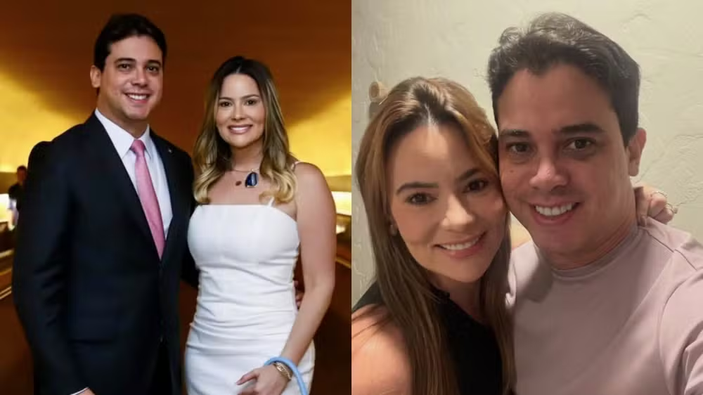 Montagem de duas fotos de Júnior Mano e esposa, atual prefeita de Nova Russas, Giordanna Mano, eles sorrindo para a câmera