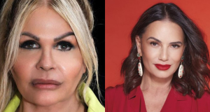 Montagem de fotos de Monique Evans e Luiza Brunet sérias