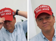 Montagem de duas fotos de Tarcísio de Freitas com boné do Trump