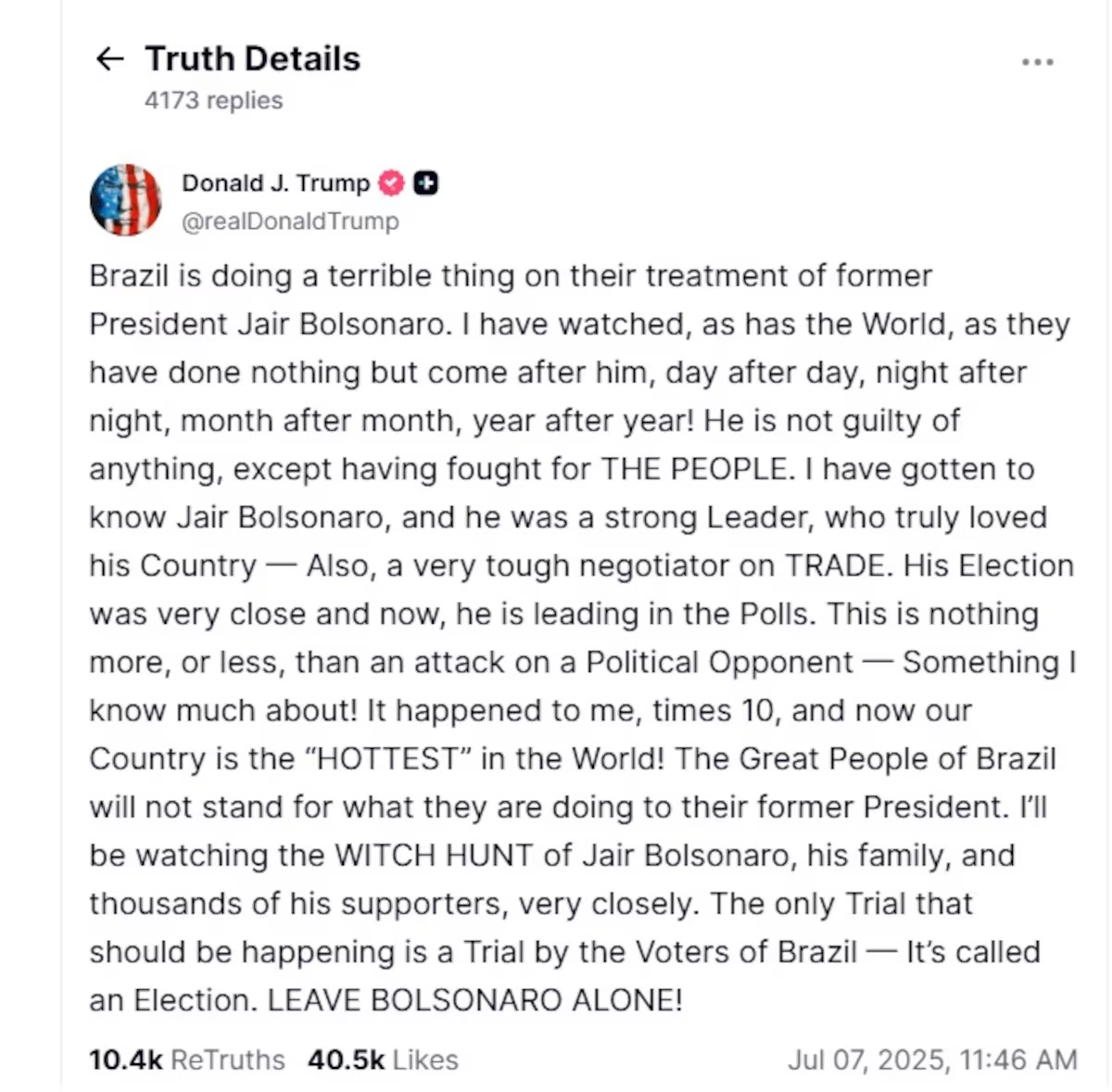 Print de post de Trump na Truth Social