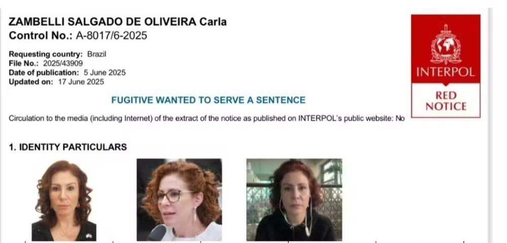 Ficha de Carla Zambelli na difusão vermelha da Interpol