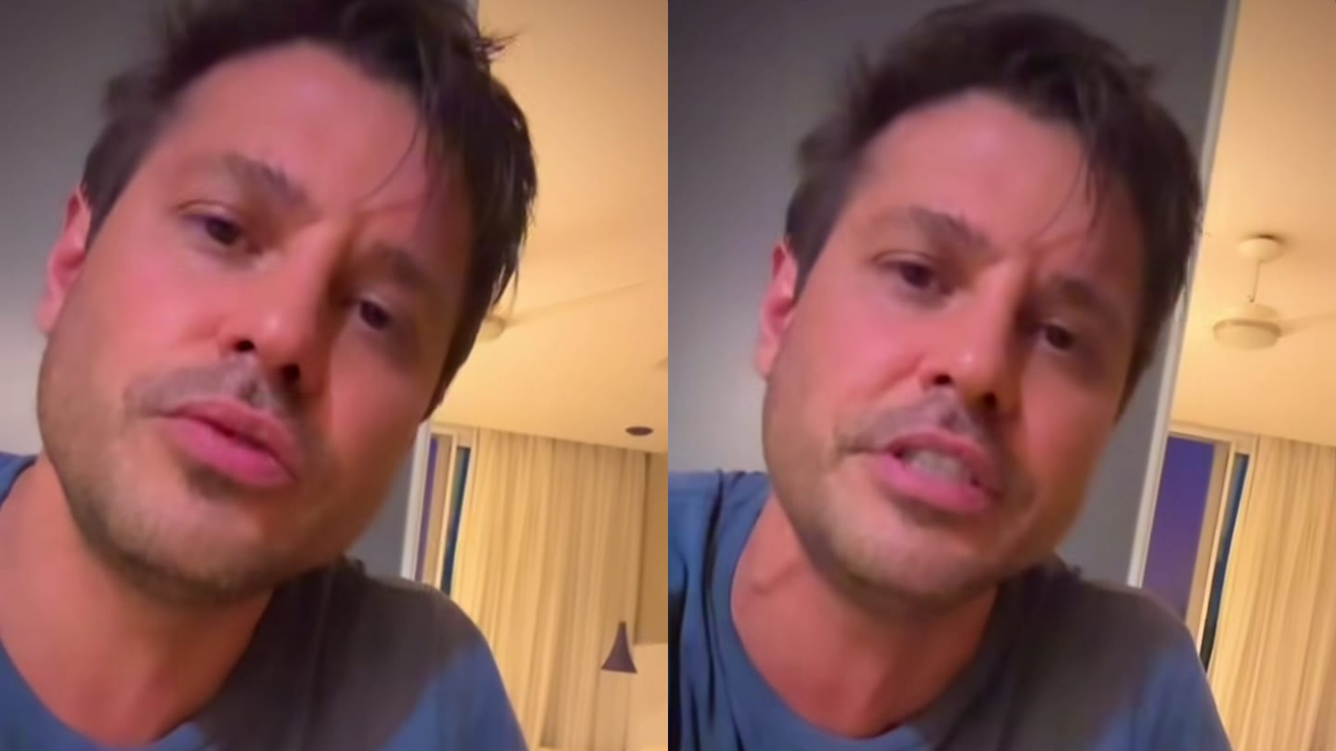 Montagem de duas fotos de Dado Dolabella de roupa azul falando para a câmera