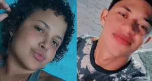 Montagem de duas fotos de Carolaynne Ferreira Santos e Jocicleberson de Jesus Rodrigues olhando para a câmera em selfies