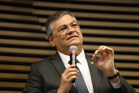 ministro Flávio Dino falando em microfone e gesticulando, de óculos