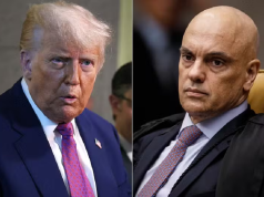 Montagem de fotos de Donald Trump e Alexandre de Moraes, ambos sérios