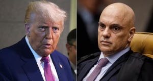 Montagem de fotos de Donald Trump e Alexandre de Moraes, ambos sérios