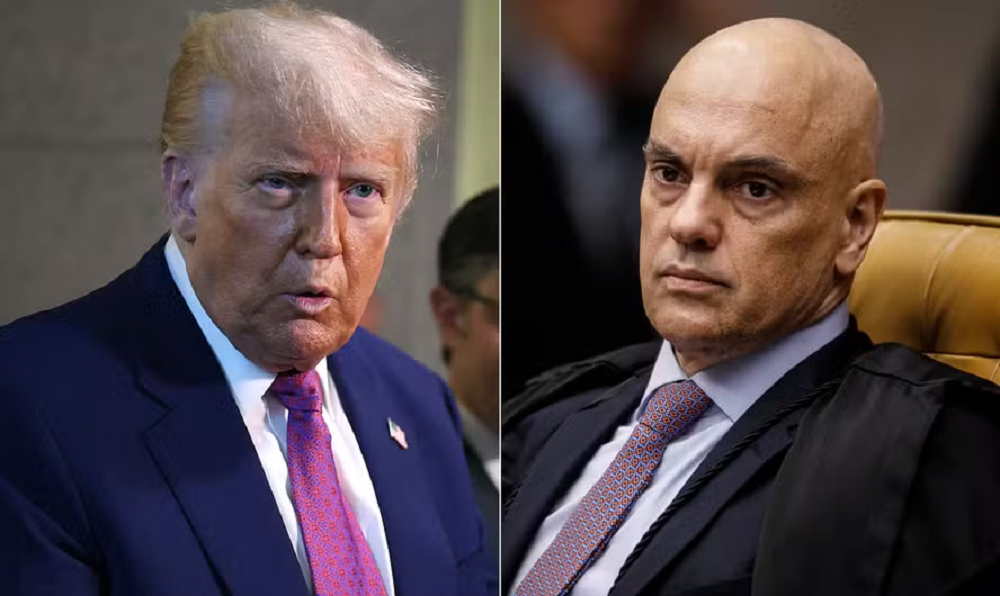 Montagem de fotos de Donald Trump e Alexandre de Moraes, ambos sérios
