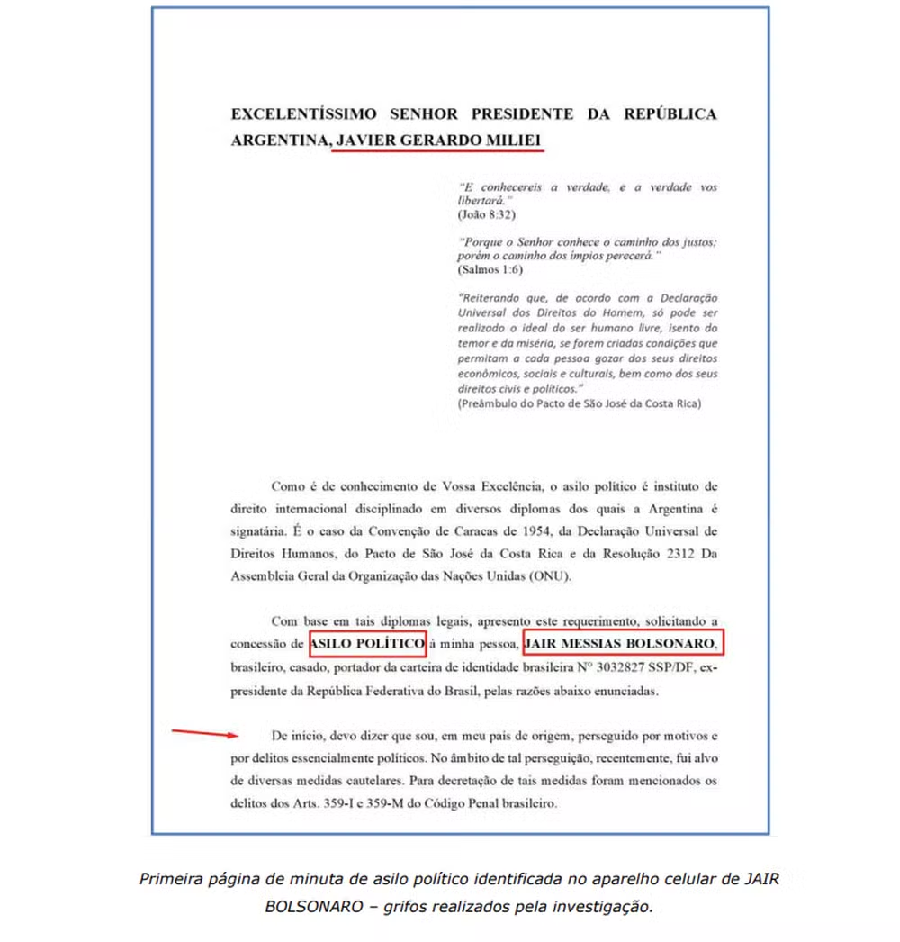 Página de documento em que Bolsonaro pede asilo na Argentina