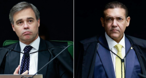 Os ministros André Mendonça e Kassio Nunes Marques, do Supremo Tribunal Federal (STF), em montagem de fotos, ambos sérios