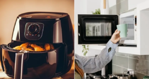 Micro-ondas x airfryer, montagem de duas fotos