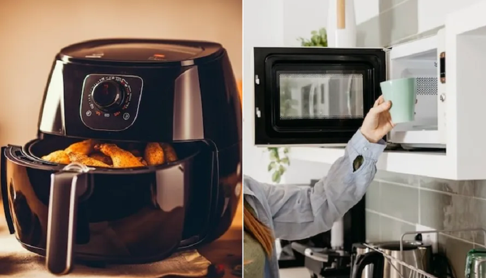 Micro-ondas x airfryer, montagem de duas fotos
