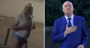 Montagem de fotos de pastor Eduardo Costa de calcinha e de terno e gravata