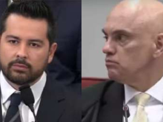 Montagem de fotos de Paulo Figueiredo e Alexandre de Moraes, ambos sérios e sem olhar para a câmera