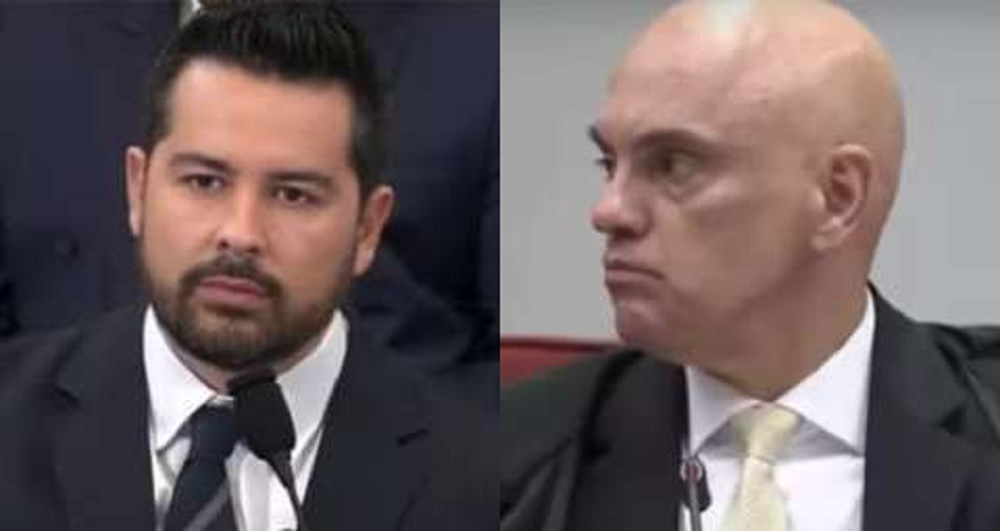 Montagem de fotos de Paulo Figueiredo e Alexandre de Moraes, ambos sérios e sem olhar para a câmera