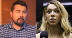 Montagem de fotos do jornalista Paulo Figueiredo e da deputada Erika Hilton (PSOL)