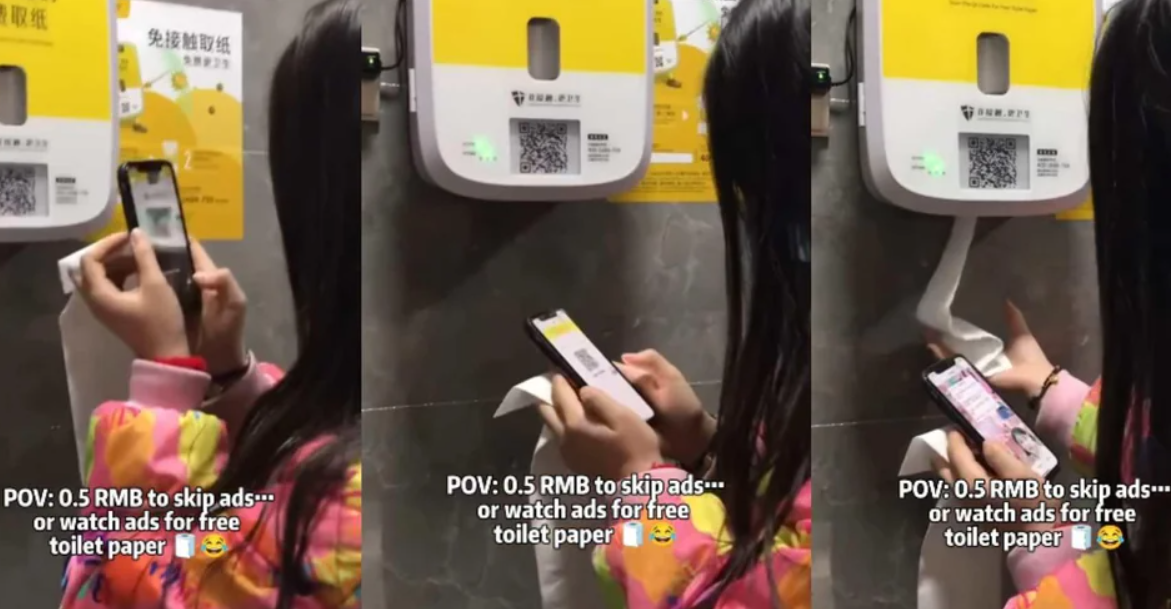 Banheiro na China faz sucesso ao liberar papel higiênico apenas após exibição de anúncio. Foto: Divulgação
