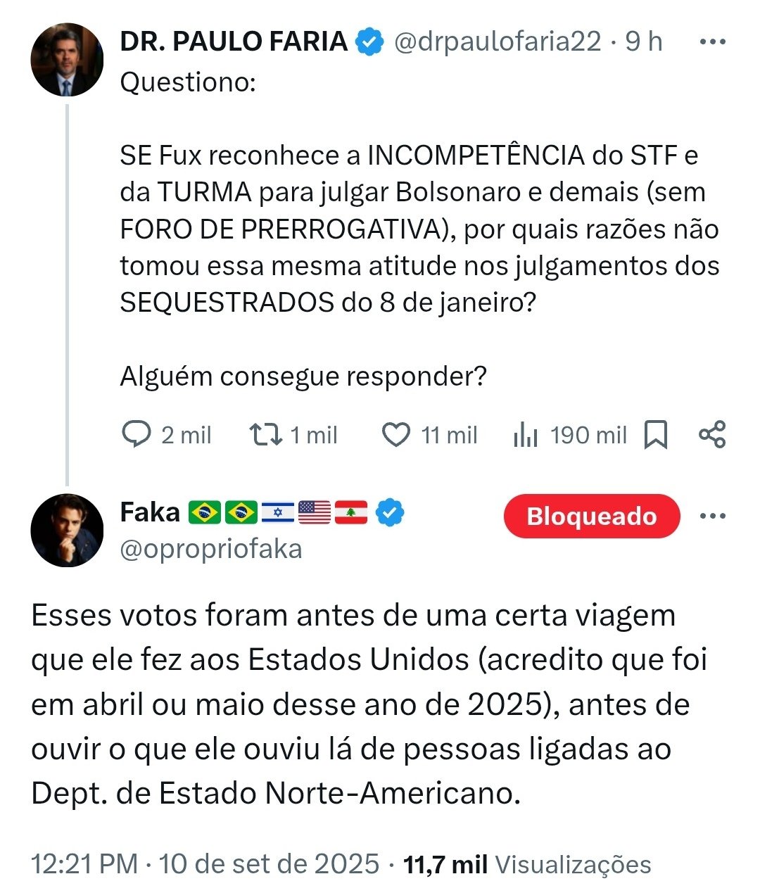 Print de tweet de Otávio Fakhoury sobre suposta ida de Fux aos EUA