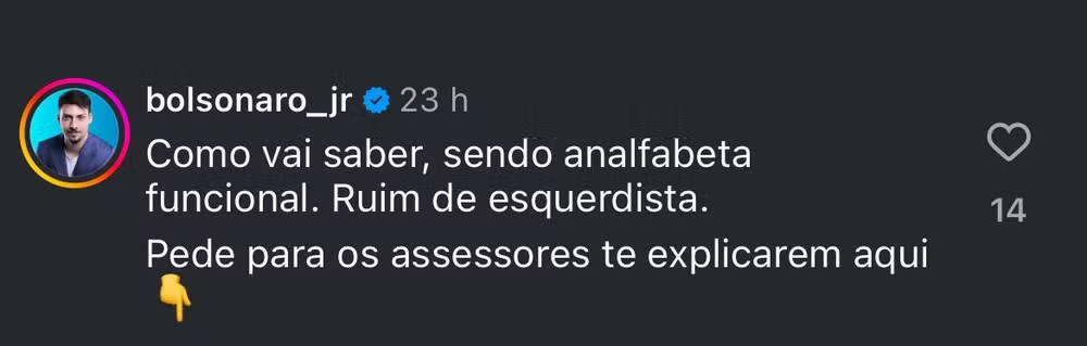 Print de comentário de Jair Renan Bolsonaro