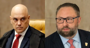 O ministro do Supremo Tribunal Federal (STF) Alexandre de Moraes e o conselheiro do presidente dos Estados Unidos, Donald Trump, Jason Miller, em montagem de duas fotos, sérios