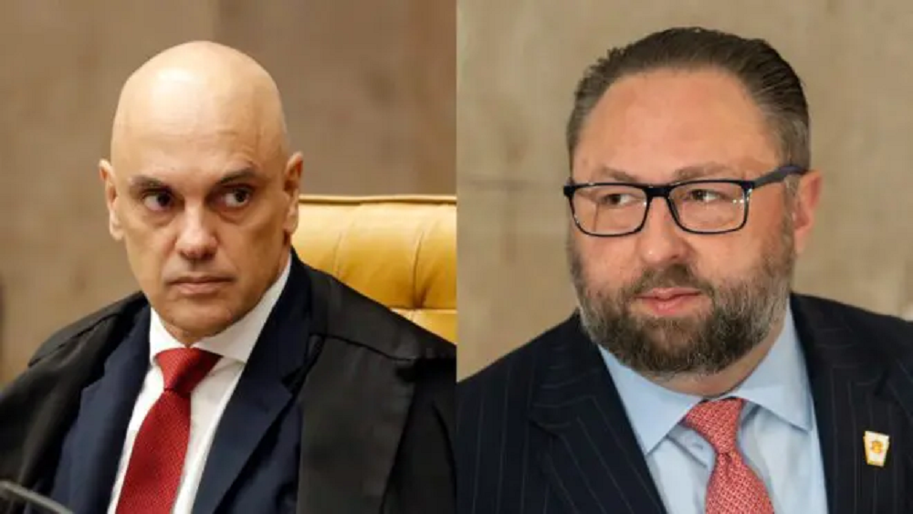 O ministro do Supremo Tribunal Federal (STF) Alexandre de Moraes e o conselheiro do presidente dos Estados Unidos, Donald Trump, Jason Miller, em montagem de duas fotos, sérios
