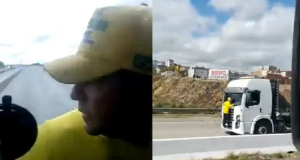 Bolsonarista que andou preso a capô de caminhão em montagem de duas fotos