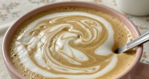 Café cremoso em xícara rosa