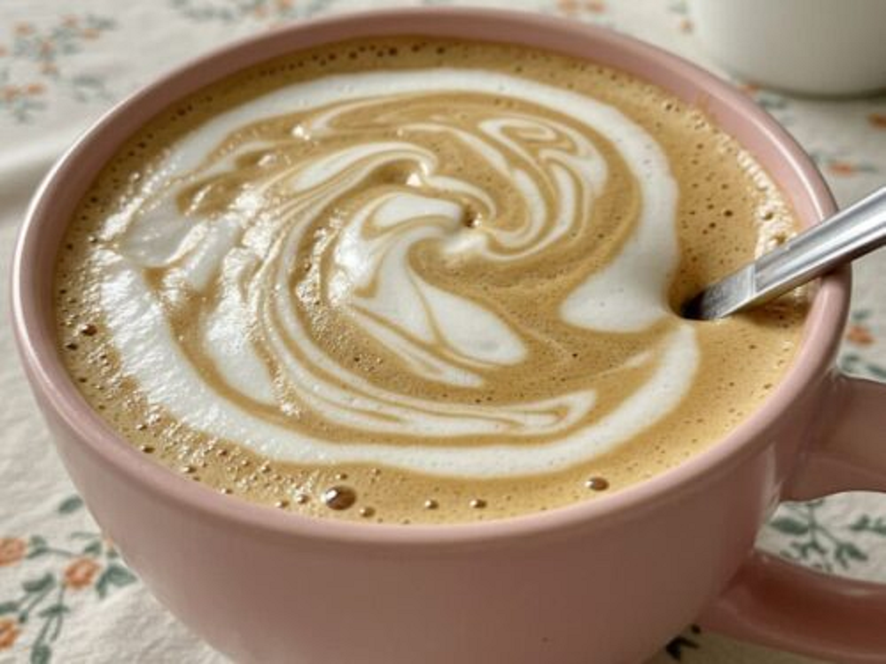 Café cremoso em xícara rosa