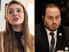 montagem de fotos da deputada estadual Ana Campagnolo e do vereador Carlos Bolsonaro, ambos sérios