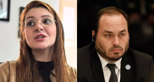 montagem de fotos da deputada estadual Ana Campagnolo e do vereador Carlos Bolsonaro, ambos sérios