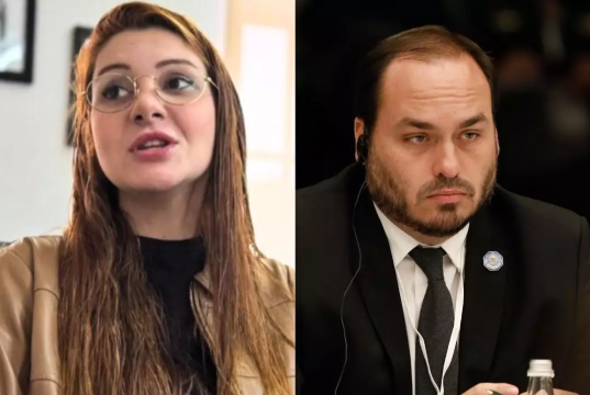 montagem de fotos da deputada estadual Ana Campagnolo e do vereador Carlos Bolsonaro, ambos sérios