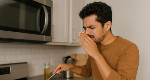 Homem fritando alimento e fazendo careta com a mão no rosto