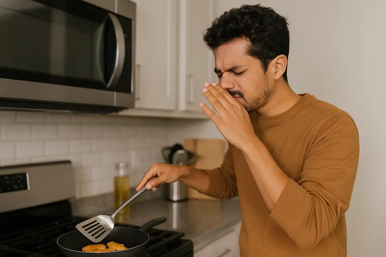 Homem fritando alimento e fazendo careta com a mão no rosto