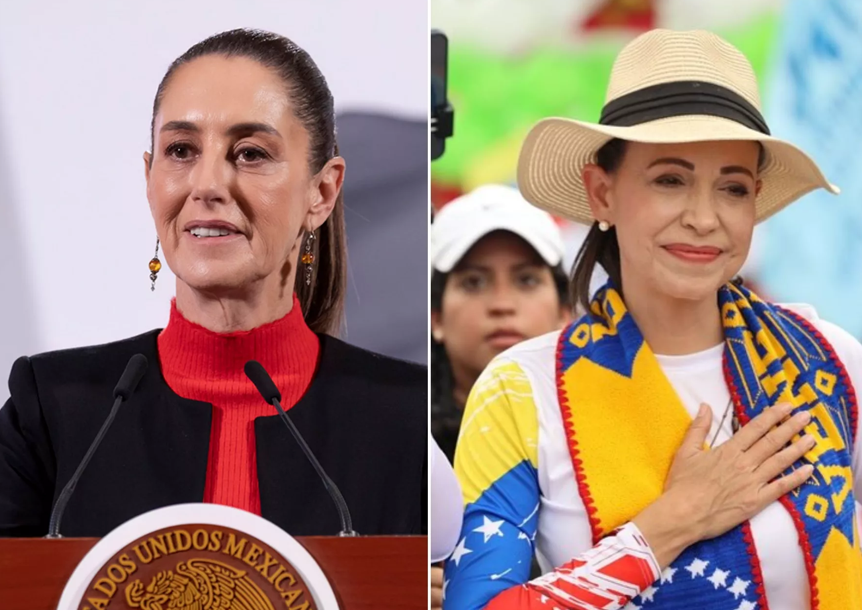 A presidente do México, Claudia Sheinbaum, e a líder opositora venezuelana, María Corina Machado, em montagem de duas fotos