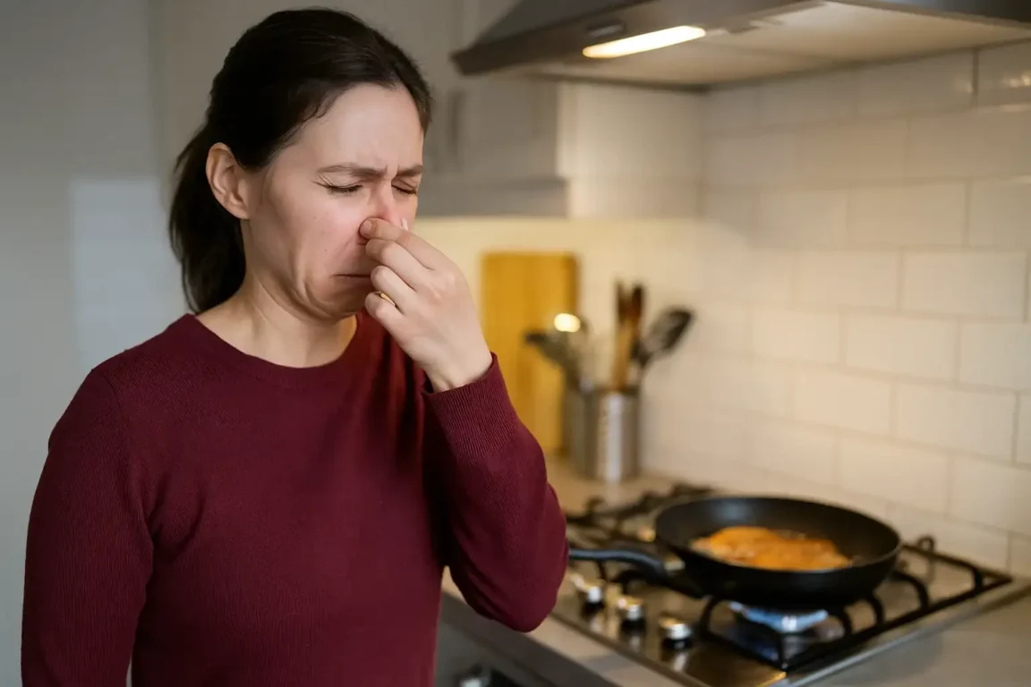 Mulher de cabelo preso e roupa de frio vinho, fazendo careta e tapando o nariz perto de fogão