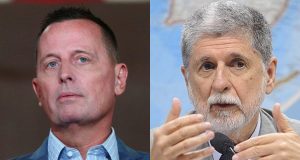 Montagem de fotos de Richard Grenell e o ex-chanceler Celso Amorim