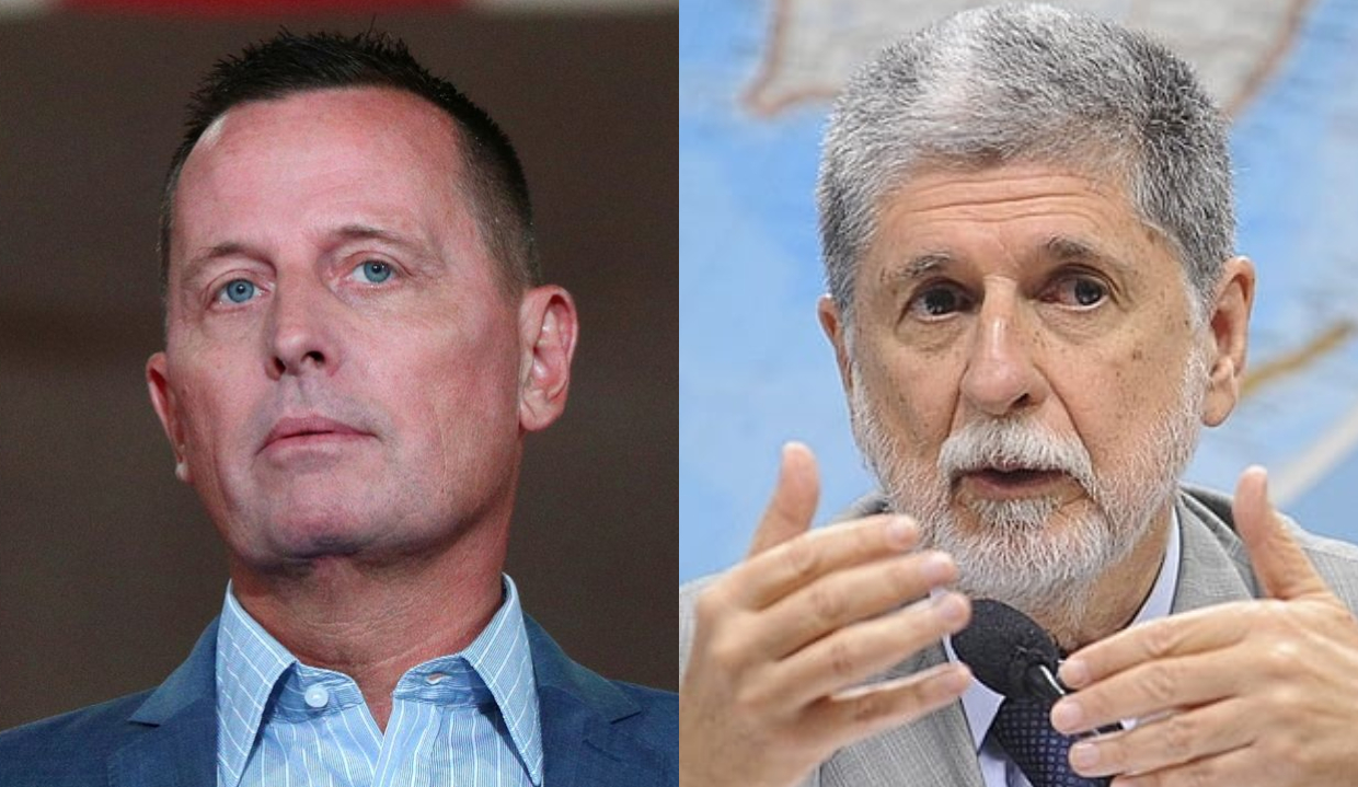 Montagem de fotos de Richard Grenell e o ex-chanceler Celso Amorim