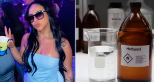 Montagem de fotos de Bruna Araújo de Souza e frasco de Metanol