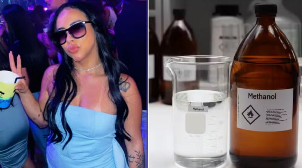 Montagem de fotos de Bruna Araújo de Souza e frasco de Metanol