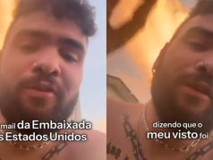 Montagem de fotos do comediante Thiago Santinelli sem camisa, falando para a câmera