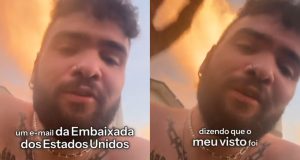Montagem de fotos do comediante Thiago Santinelli sem camisa, falando para a câmera