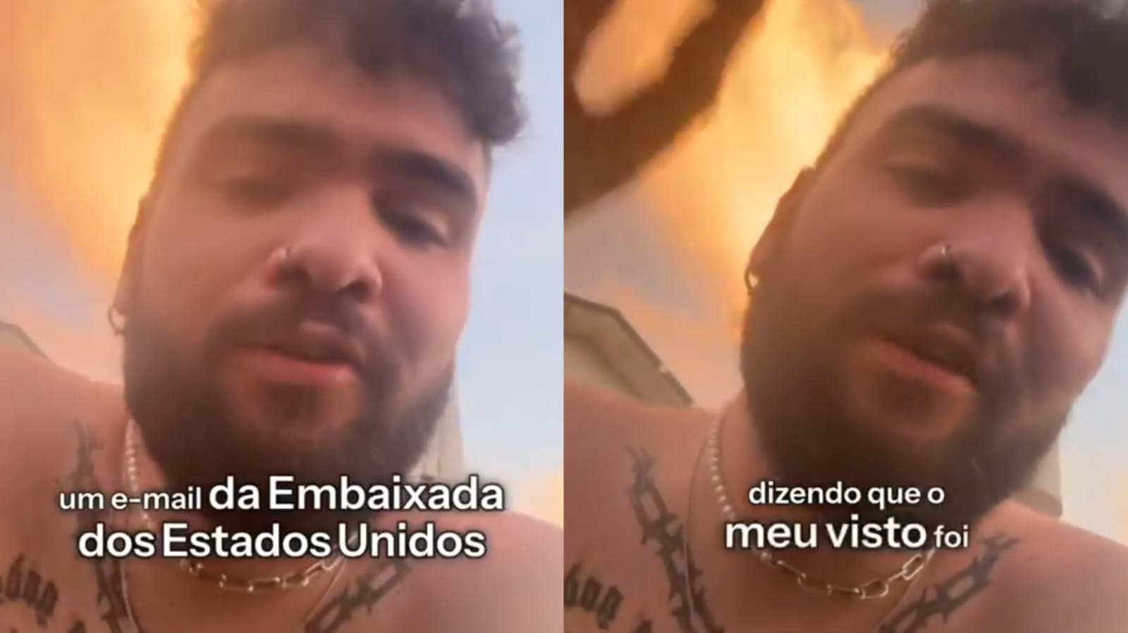 Montagem de fotos do comediante Thiago Santinelli sem camisa, falando para a câmera