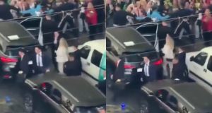 Montagem de duas fotos de Karina Milei correndo para entrar em carro