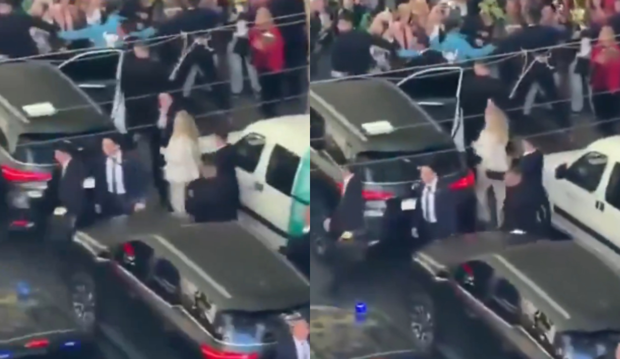Montagem de duas fotos de Karina Milei correndo para entrar em carro