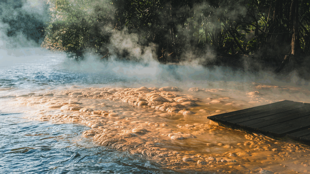 Lago que ferve naturalmente na Amazônia