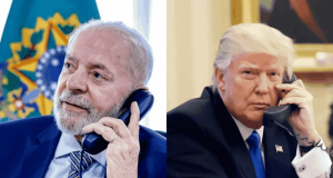Montagem de fotos de Lula e Donald Trump ao telefone